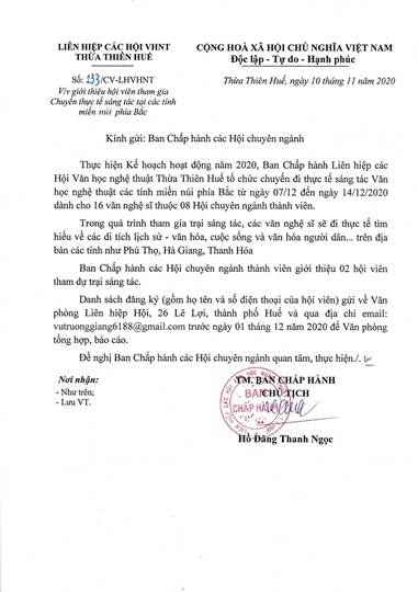 Công văn về việc giới thiệu hội viên tham gia  Chuyến thực tế sáng tác tại các tỉnh miền nhúi phía Bắc 